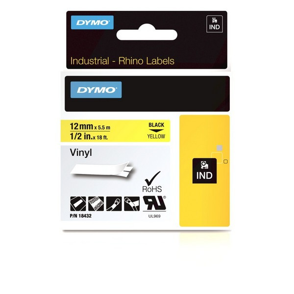 DYMO 18444 Виниловая лента DYMO для профессиональной маркировки внутри и снаружи помещений 12MMx5.5M , черный на белой ленте