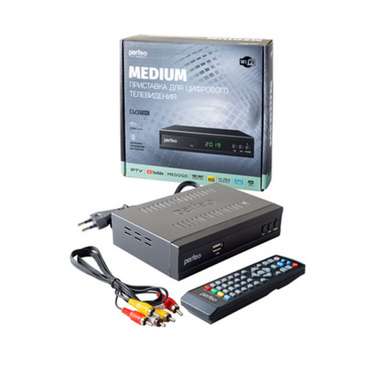 Цифровая ТВ-приставка PERFEO PF_A4487 "MEDIUM" DVB-T2/C для цифр.TV, Wi-Fi, IPTV, HDMI, 2 USB, DolbyDigital, пульт ДУ