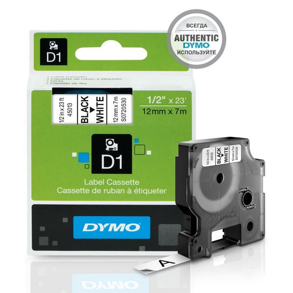 DYMO S0720530 Картридж с лентой DYMO 12 мм х 7 м. , пластик, черный на белой ленте