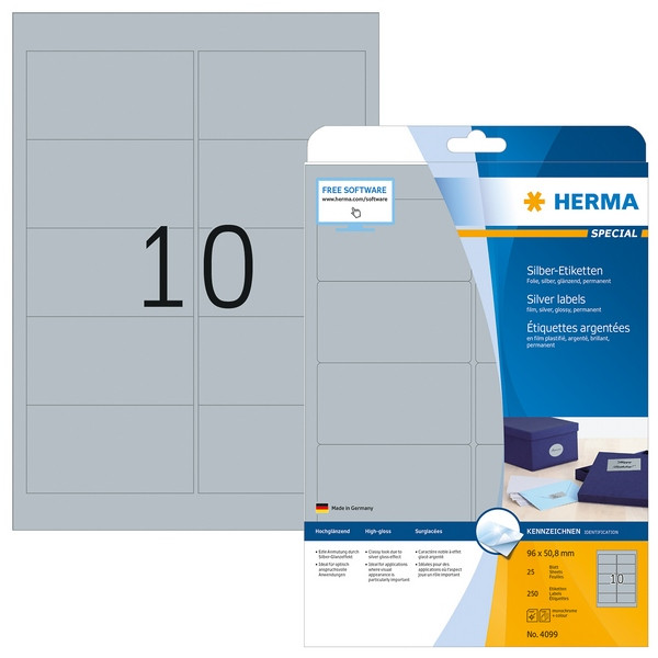 HERMA 4099 Этикетки самоклеющиеся Полиэстровые А4, 96.0 x 50.8, цвет: Серебристый, клей: перманентный, для печати на: лазерных аппаратах, в пачке: 25 листов/250 этикеток