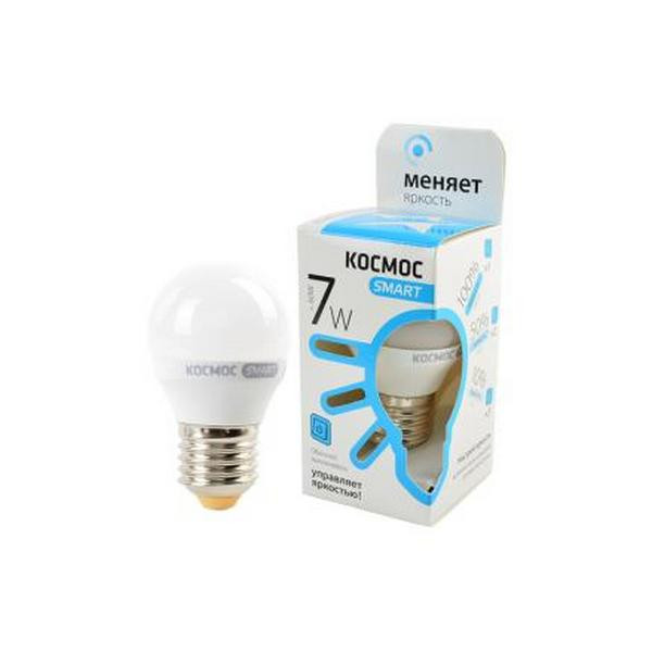Лампа светодиодная КОСМОС SMART LEDSD7wGL45E2745 7Вт E27 4500K, 3 уровня яркости - 100%/50%/10%
