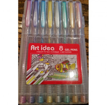 Набор гелевых ручек Art Idea металлик, 8 цветов (Art Idea 240456) Набор ручек с прозрачным корпусом, позволяющим отслеживать остаток чернил, и металлизированным наконечником обеспечивает легкое и мягкое письмо.Наконечник диаметром 0,8 мм оставляет яркий след на бумаге. Гелевая консистенция чернил равномерно распределяется по бумаге и быстро сохнет.