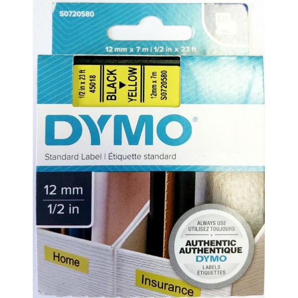 DYMO S0720580 Картридж с лентой DYMO 12 мм х 7 м. , пластик, , черный на желтой ленте