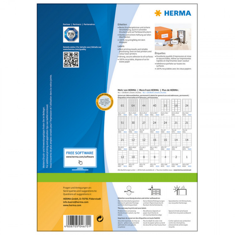 HERMA 4670 Этикетки самоклеющиеся Бумажные А4, 66.0 x 33.8, цвет: Белый, клей: перманентный, для печати на: струйных и лазерных аппаратах, в пачке: 100 листов/2400 этикеток