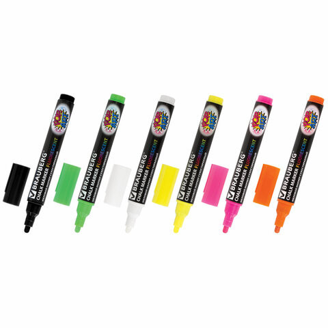 Набор меловых маркеров BRAUBERG Chalk Marker Fluorescent, 5 мм, 6 цветов (BRAUBERG 151536)