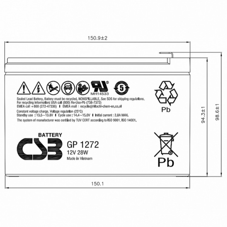 Аккумуляторная батарея CSB GP1272 F2 (12V28W) (12В / 7,2Ач, 28Вт / Эл P(15мин) Клемма: F2, ДхШхВ: 151x65x99, срок службы: 5 лет, вес: 2,1кг) (CSB GP1272 F2 (12V28W)) Аккумуляторная батарея CSB GP1272 F2 (12V28W) (12В / 7,2Ач, 28Вт / Эл P(15мин) Клемма: F2, ДхШхВ: 151x65x99, срок службы: 5 лет, вес: 2,1кг) (CSB GP1272 F2 (12V28W))