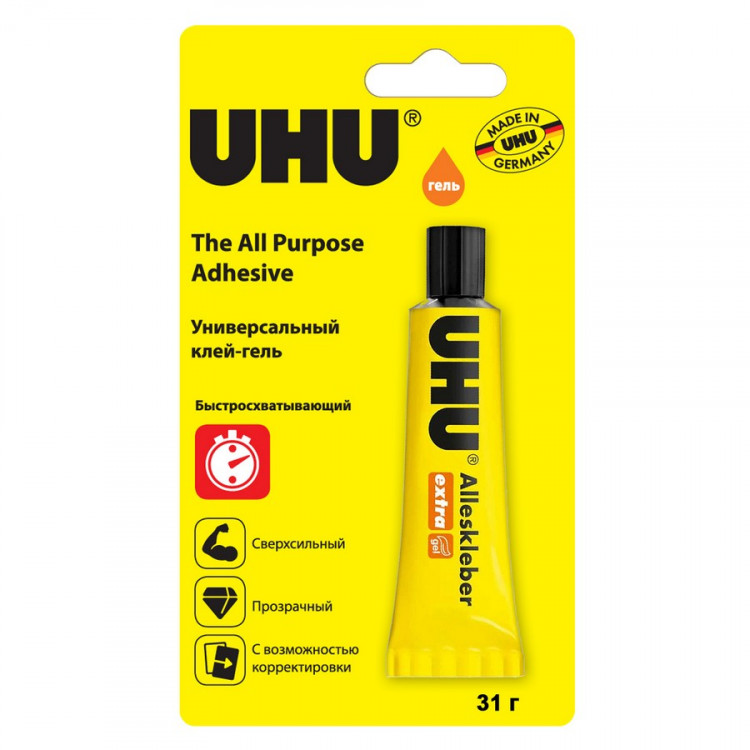 Клей-гель универсальный UHU Alleskleber GEL (All Purpose), прозрачный, 31 мл., блистер  (UHU 46300/В)