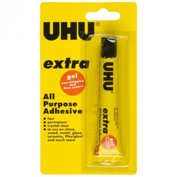 Клей-гель универсальный UHU Alleskleber GEL (All Purpose), прозрачный, 31 мл., блистер  (UHU 46300/В) Универсальный прозрачный клей-гель UHU Alleskleber Gel на основе синтетической смолы. Гелеобразная консистенция предотвращает растекание клея, благодаря чему он идеально подходит для вертикальных поверхностей.  Склеивает: металл, бумагу, дерево, текстиль и кожу в сочетании с такими материалами как стекло, керамика, плексиглас и большинство пластиков.