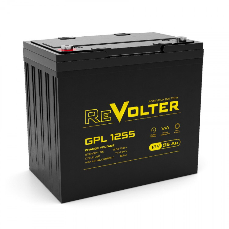 Energon Delta GPL 1255 Аккумуляторная батарея REVOLTER (DELTA) GPL 1255 (12В / 55Ач, Тип: AGM, Клемма: Болт М6, ДхШхВ: 230x140x207мм (Полная высота: 208мм), срок службы: 10 лет, Гарантия: 1г, вес: 17кг)