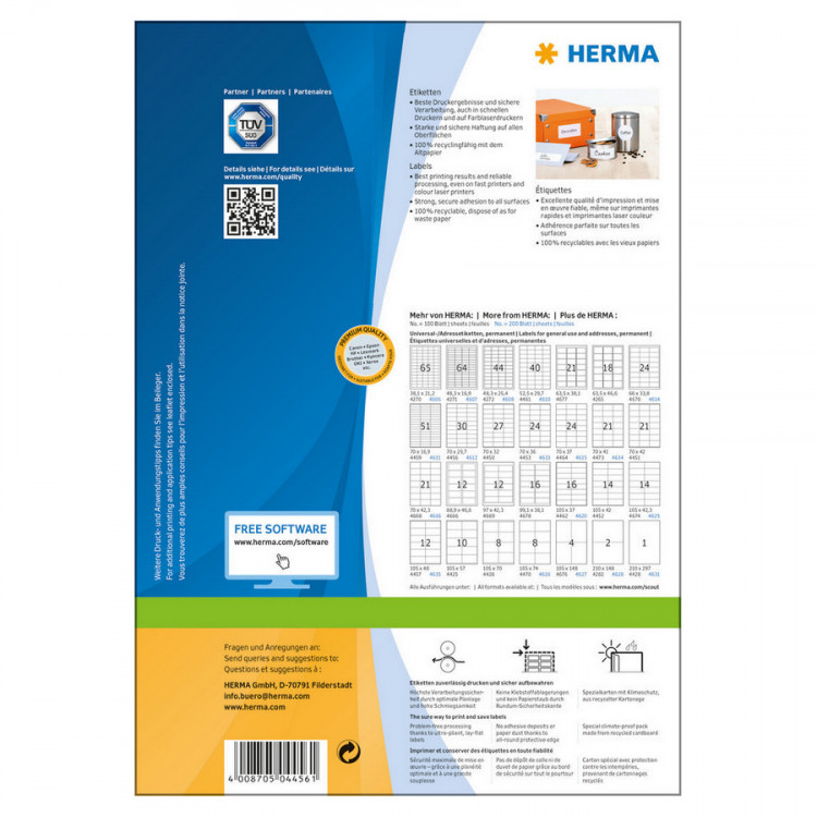 HERMA 4456 Этикетки самоклеющиеся Бумажные А4, 70.0 x 29.7, цвет: Белый, клей: перманентный, для печати на: струйных и лазерных аппаратах, в пачке: 100 листов/3000 этикеток
