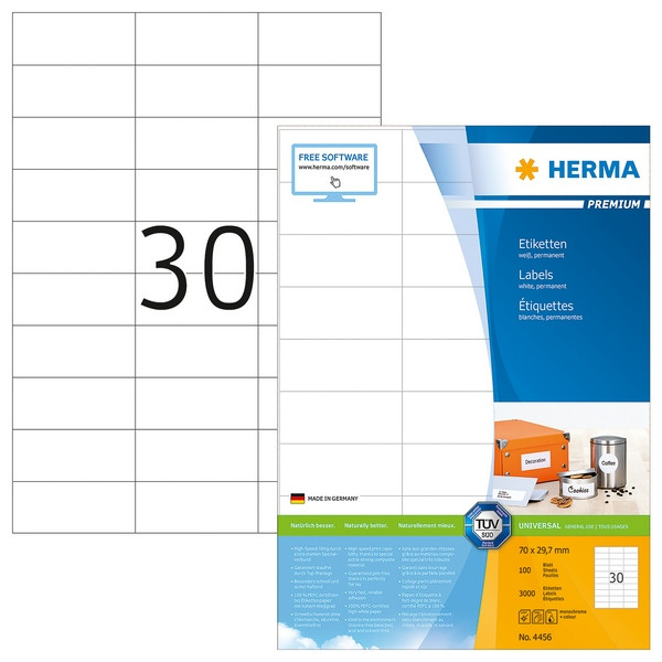 HERMA 4456 Этикетки самоклеющиеся Бумажные А4, 70.0 x 29.7, цвет: Белый, клей: перманентный, для печати на: струйных и лазерных аппаратах, в пачке: 100 листов/3000 этикеток