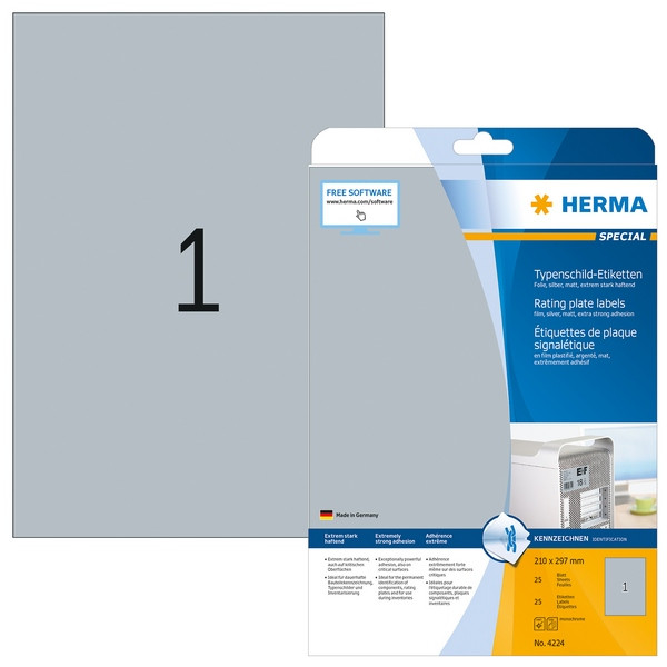HERMA 4224 фольгированная Этикетки самоклеющиеся Полиэстровые А4, 210.0 x 297.0, цвет: Серебристый, клей: перманентный, для печати на: лазерных аппаратах, в пачке: 25 листов/25 этикеток