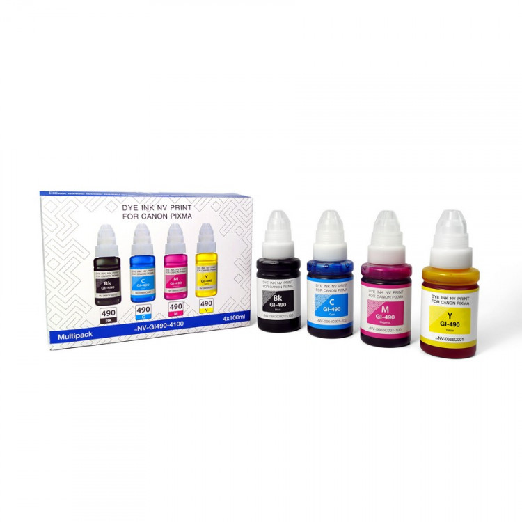 NV Print NVP-GI490-4100 Чернила GI-490 для принтеров Canon Pixma G1400 / G2400, набор 4 цвета по 100 мл совместимые