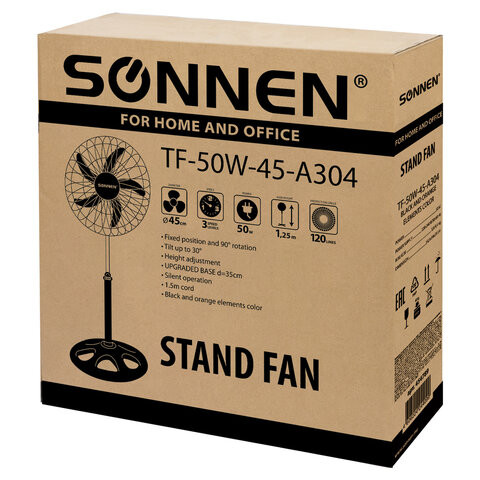 Вентилятор напольный, 3 режима, SONNEN TF-50W-45-А304, d=45 см, 50 Вт, черный, 454789, FS-45-A304