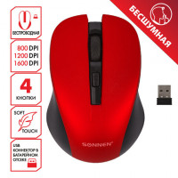 Мышь беспроводная с бесшумным кликом SONNEN V18, USB, 800/1200/1600 dpi, 4 кнопки, красная, 513516