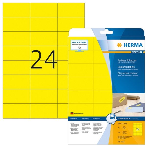 HERMA 4466 Этикетки самоклеющиеся Бумажные А4, 70.0 x 37.0, цвет: Желтый, клей: перманентный, для печати на: струйных и лазерных аппаратах, в пачке: 25 листов/600 этикеток