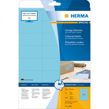 HERMA 4468 Этикетки самоклеющиеся Бумажные А4, 70.0 x 37.0, цвет: Голубой, клей: перманентный, для печати на: струйных и лазерных аппаратах, в пачке: 25 листов/600 этикеток Компания HEWLETT PACKARD (HP), официально рекомендует использовать продукцию Компании HERMA на своей технике. Компания HERMA имеет специальный сертификат, выданный ей от НР.