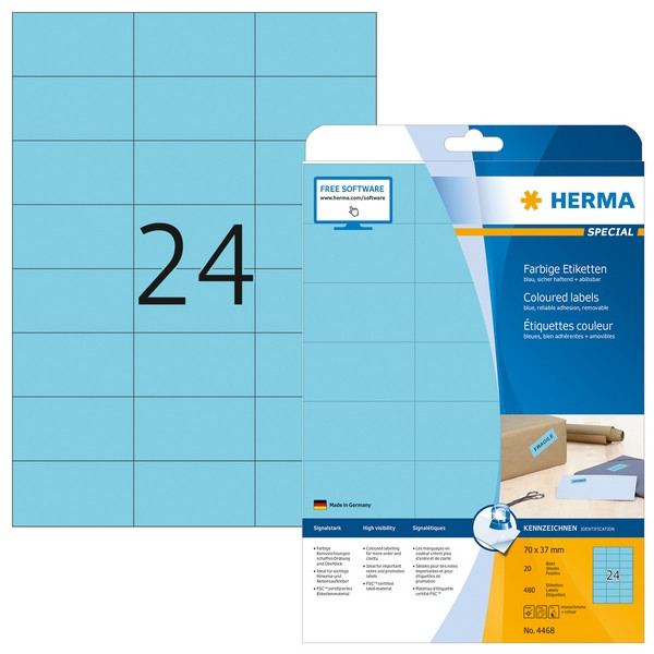 HERMA 4468 Этикетки самоклеющиеся Бумажные А4, 70.0 x 37.0, цвет: Голубой, клей: перманентный, для печати на: струйных и лазерных аппаратах, в пачке: 25 листов/600 этикеток