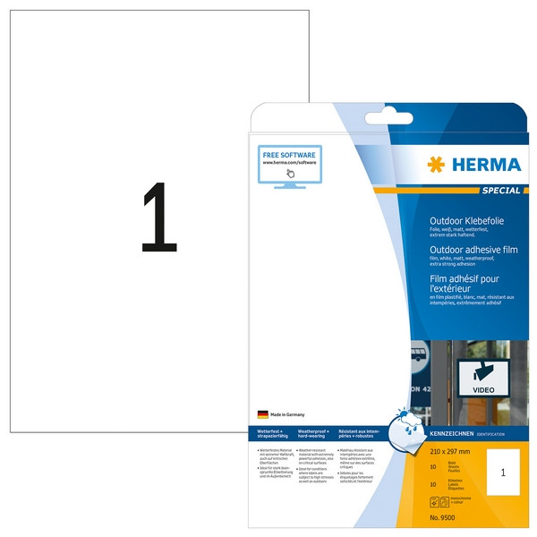 HERMA 9500 outdoor Этикетки самоклеющиеся Полиэстровые А4, 210.0 x 297.0, цвет: Белый, клей: перманентный, для печати на: лазерных аппаратах, в пачке: 10 листов/10 этикеток