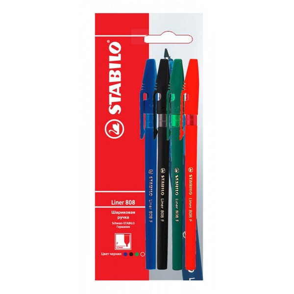 Ручка Шариковая Stabilo Liner  808 Цвет Чернил: Синий, Черный, Красный, Зеленый, 4 шт. В Блистере (STABILO 808/4-1B)