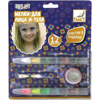 Боди-Арт Мелки для лица и тела Fancy Creative набор 12 цветов с кисточкой + баночка с блестками (Fancy Creative FD020204) Боди-Арт Мелки для лица и тела набор 12 цветов с кисточкой + баночка с блестками