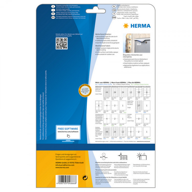 HERMA 4866 (всепогодная) Этикетки самоклеющиеся Полиэстровые А4, 210.0 x 297.0, цвет: Белый, клей: перманентный, для печати на: лазерных аппаратах, в пачке: 10 листов/10 этикеток