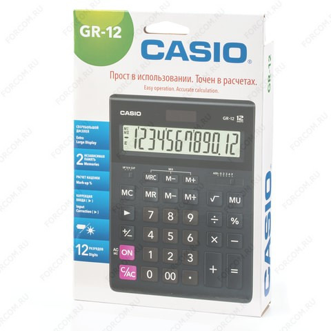 Калькулятор настольный Casio GR-12, 12 разрядов, двойное питание, черный (Casio GR-12)