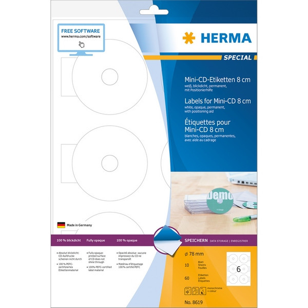 HERMA 8619 Этикетки самоклеющиеся для CD-дисков Бумажные А4, д. 78 мм, цвет: Белый, клей: перманентный, для печати на: струйных и лазерных аппаратах, в пачке: 10 листов/60 этикеток