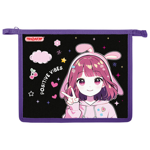 Папка для тетрадей ПИФАГОР А5, 1 отделение, пластик, на молнии, "Anime sign", 273328