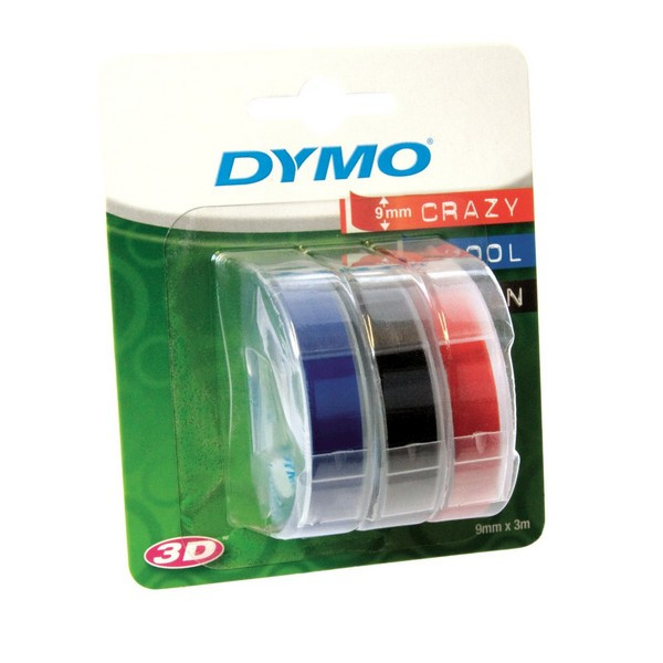 DYMO S0847750 Лента для механических принтеров DYMO, 9 мм х 3м, пластиковая ассортимент (черный, синий, красный), шрифт белый, 3 шт. в блистере