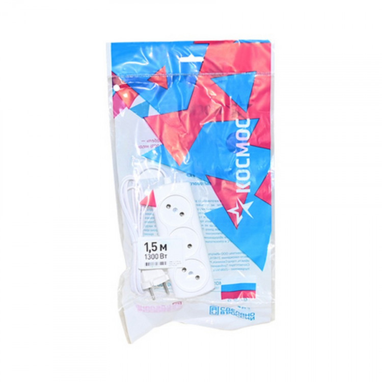 Сетевой удлинитель КОСМОС YKsm1.5m-3g(6A)E Р16-010 1,5м (ШВВП 2х0,75), 3 гнезда, 1300Вт, 6А белый BL1
