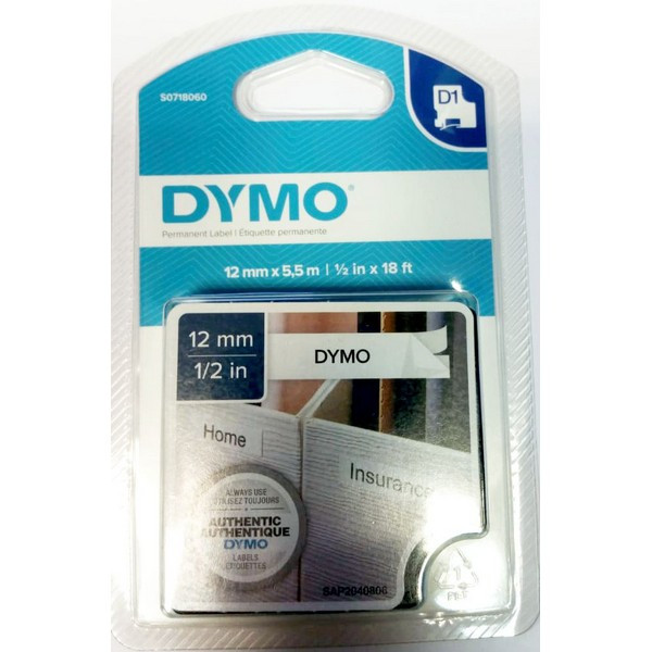 DYMO S0718060 Картридж с полиэст. лентой  DYMO 12мм х 5,5м. с постоян.клеем, выдерживает экстремальные темп-ры,  черный на белой ленте