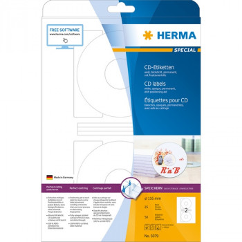 HERMA 5079 Этикетки самоклеющиеся для CD-дисков Бумажные А4, д. 116 мм, цвет: Белый, клей: перманентный, для печати на: струйных и лазерных аппаратах, в пачке: 25 листов/50 этикеток Компания HEWLETT PACKARD (HP), официально рекомендует использовать продукцию Компании HERMA на своей технике. Компания HERMA имеет специальный сертификат, выданный ей от НР.
