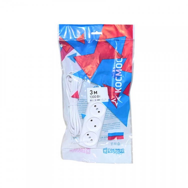 Сетевой удлинитель КОСМОС YKsm3m-3g(6A)E Р16-010 3м (ШВВП 2х0,75), 3 гнезда, 1300Вт, 6А белый BL1