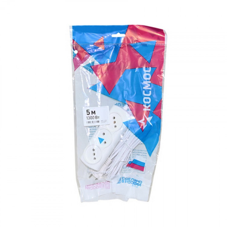 Сетевой удлинитель КОСМОС YKsm5m-3g(6A)E Р16-010 5м (ШВВП 2х0,75), 3 гнезда, 1300Вт, 6А белый BL1