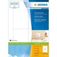 HERMA 4472 Этикетки самоклеющиеся Бумажные А4, 78.7 x 139.7, цвет: Белый, клей: перманентный, для печати на: струйных и лазерных аппаратах, в пачке: 100 листов/400 этикеток