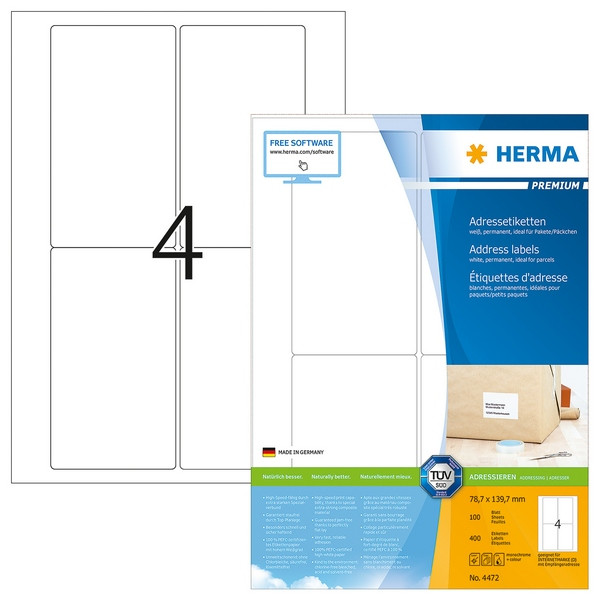 HERMA 4472 Этикетки самоклеющиеся Бумажные А4, 78.7 x 139.7, цвет: Белый, клей: перманентный, для печати на: струйных и лазерных аппаратах, в пачке: 100 листов/400 этикеток