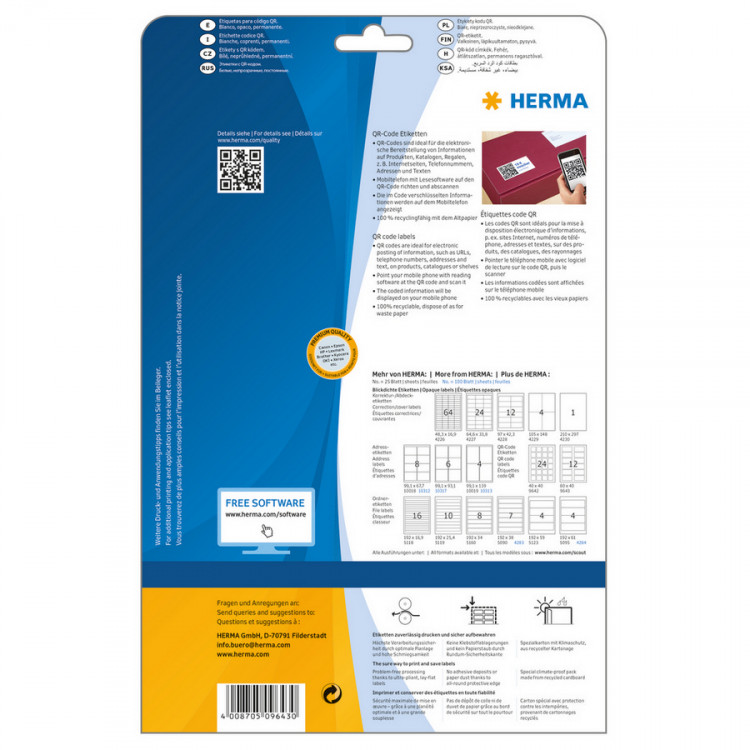 HERMA 9643 (для печати QR-кода) Этикетки самоклеющиеся Бумажные А4, 80.0 x 40.0, цвет: Белый, клей: перманентный, для печати на: струйных и лазерных аппаратах, в пачке: 25 листов/25 этикеток