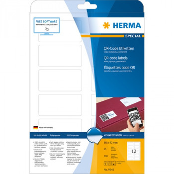 HERMA 9643 (для печати QR-кода) Этикетки самоклеющиеся Бумажные А4, 80.0 x 40.0, цвет: Белый, клей: перманентный, для печати на: струйных и лазерных аппаратах, в пачке: 25 листов/25 этикеток Компания HEWLETT PACKARD (HP), официально рекомендует использовать продукцию Компании HERMA на своей технике. Компания HERMA имеет специальный сертификат, выданный ей от НР.