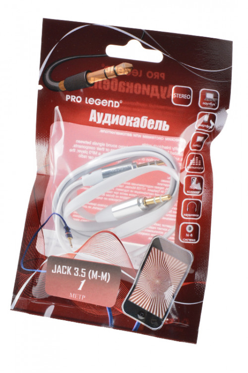 Аудио кабель Pro Legend PL1051 Jack 3.5 mm вилка <--> Jack 3.5 вилка, плоский, белый, 1м BL1