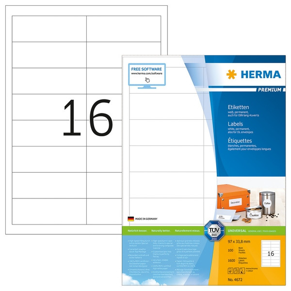 HERMA 4672 Этикетки самоклеющиеся Бумажные А4, 96.5 x 33.8, цвет: Белый, клей: перманентный, для печати на: струйных и лазерных аппаратах, в пачке: 100 листов/1600 этикеток