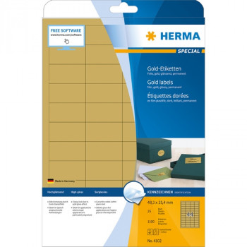 HERMA 4102 Этикетки самоклеющиеся Полиэстровые А4, 48 x 25, цвет: Золотистый, клей: перманентный, для печати на: лазерных аппаратах, в пачке: 25 листов/1100 этикеток Компания HEWLETT PACKARD (HP), официально рекомендует использовать продукцию Компании HERMA на своей технике. Компания HERMA имеет специальный сертификат, выданный ей от НР.
