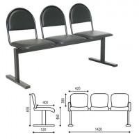 Кресло для посетителей трехсекционное "Тройка", 840х1420х510 мм, черный каркас, черный кожзам, СМ 91-03 К01