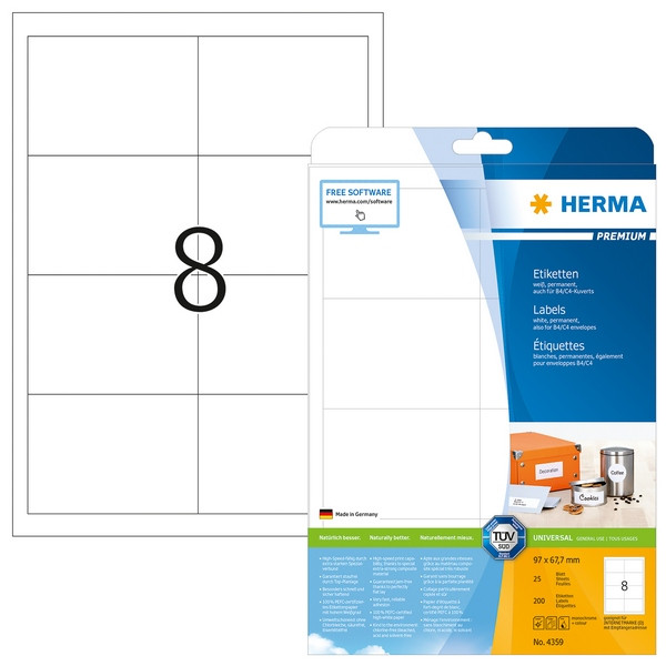 HERMA 4359 Этикетки самоклеющиеся Бумажные А4, 96.5 x 67.7, цвет: Белый, клей: перманентный, для печати на: струйных и лазерных аппаратах, в пачке: 25 листов/200 этикеток