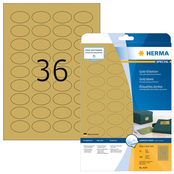 HERMA 4109 (Овал) Этикетки самоклеющиеся Полиэстровые А4, 40.6 x 25.4, цвет: Золотистый, клей: перманентный, для печати на: лазерных аппаратах, в пачке: 25 листов/900 этикеток
