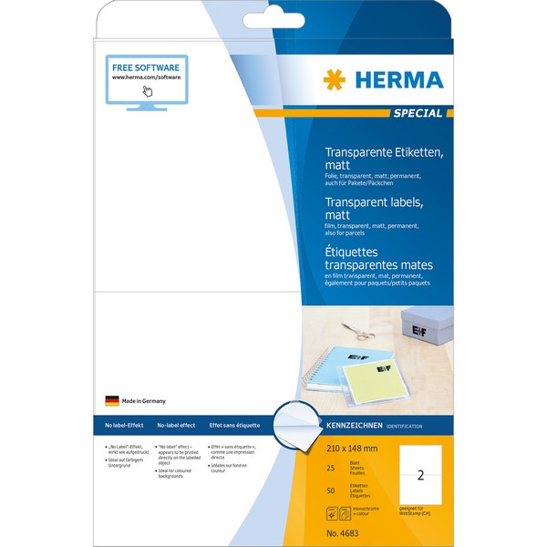 HERMA 4683 Этикетки самоклеющиеся Полиэстровые А4, 210 x 148, цвет: Прозрачный, клей: перманентный, для печати на: лазерных аппаратах, в пачке:  25 листов/50 этикеток