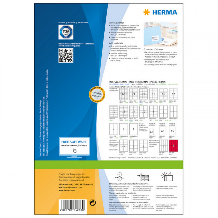 HERMA 4268 (круглые углы) Этикетки самоклеющиеся Бумажные А4, 99.1 x 57.0, цвет: Белый, клей: перманентный, для печати на: струйных и лазерных аппаратах, в пачке: 100 листов/1000 этикеток