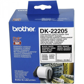 Brother DK22205 Белая бумажная клеящаяся лента Brother DK22205, ширина 62 мм (неразрезанная, рулон 30,48м) 