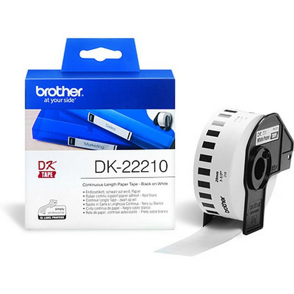 Brother DK22210 Белая бумажная клеящаяся лента Brother DK22210, ширина 29 мм (неразрезанная, рулон 30,48м)