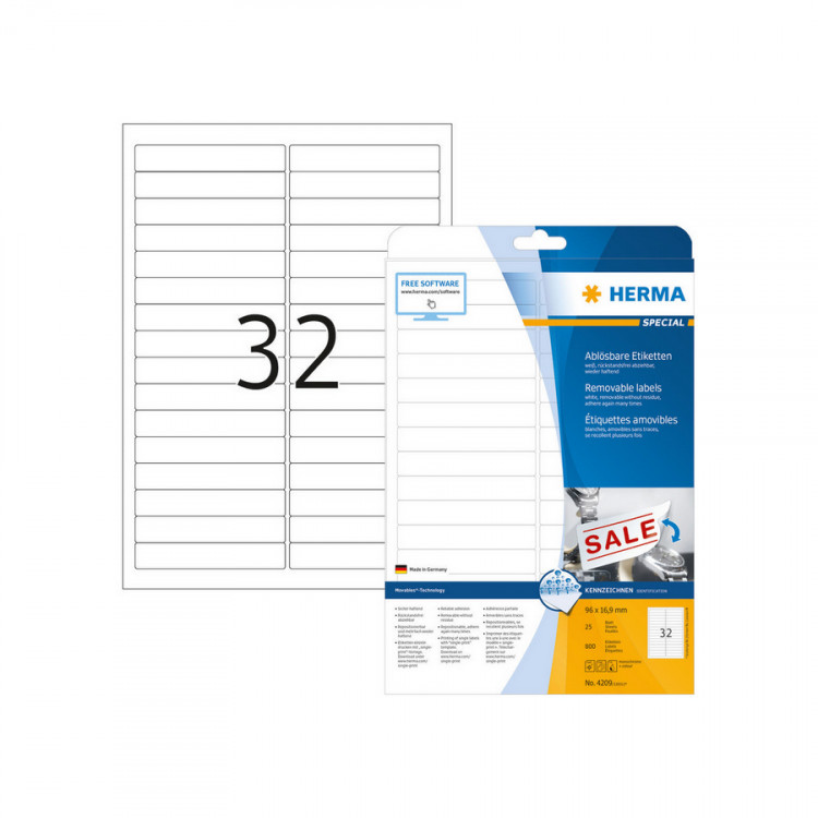 HERMA 4209 Этикетки самоклеющиеся Бумажные А4, 96 x 16.9, цвет: Белый, клей: не перманентный (removable - обладает свойствами стикера), для печати на: струйных и лазерных аппаратах, в пачке: 25 листов/800 этикеток